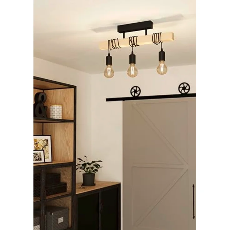 EGLO Deckenlampe Townshend, 3 flammige Vintage Deckenleuchte im Industrial Design, Retro Pendelleuchte aus Stahl und Holz, Schwarz, braun, FSC zertifiziert, E27 Fassung – Bild 2