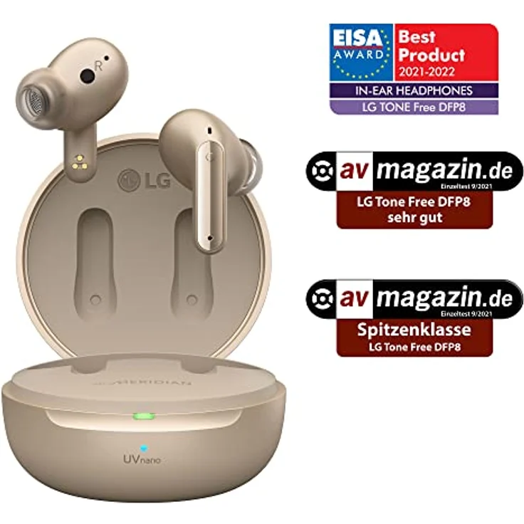 LG TONE Free DFP8 In-Ear Bluetooth Kopfhörer mit MERIDIAN-Sound und Active Noise Cancellation (ANC), kompatibel mit Siri und Google Assistant, TONE-DFP8E.CDEULLK Gold – Bild 2