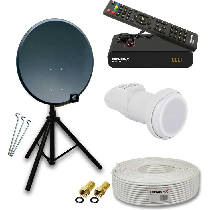 PremiumX PXA60 Camping SAT Anlage, 60cm Aluminium Antenne mit Single LNB, Kabel, Stativ und Receiver, wetterfest bis -40°C/+60°C
