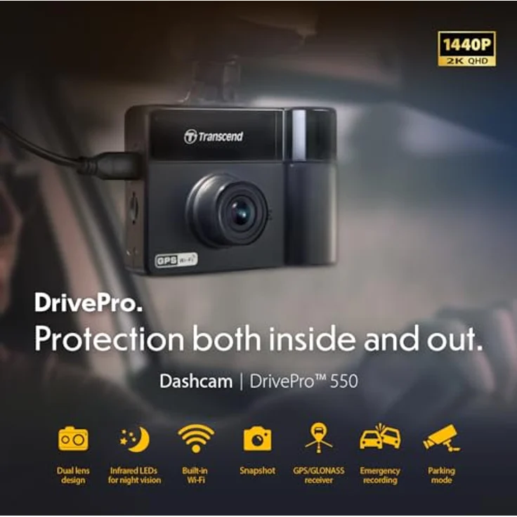 Transcend DrivePro 550 Dashcam, 2K Ultra HD, 128GB MicroSD, Schwarz, mit GPS und WLAN – Bild 3