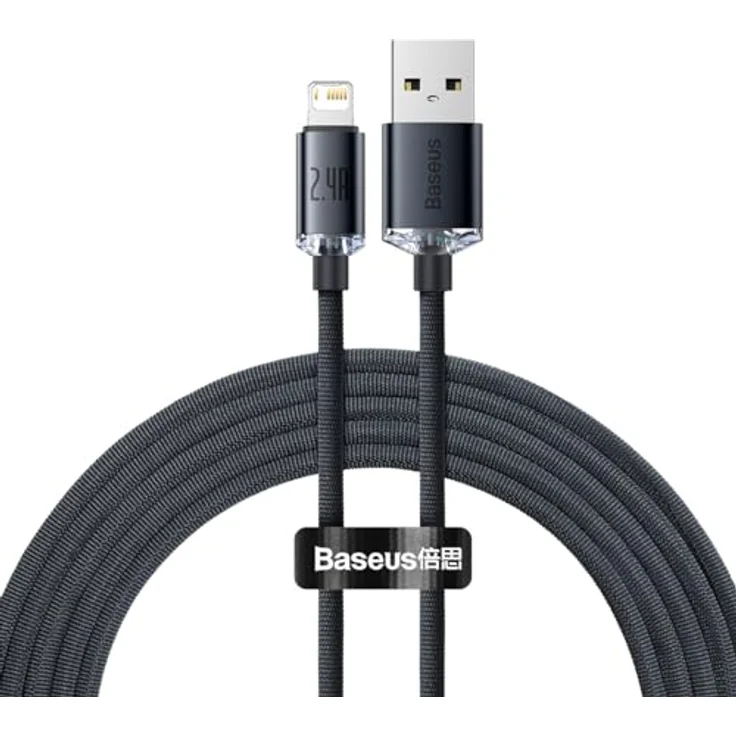 Baseus Crystal Shine Series USB Kabel, Lightning auf USB Typ A, 2,4A, 2m, schwarz, schnelles Aufladen und Datenübertragung – Bild 1