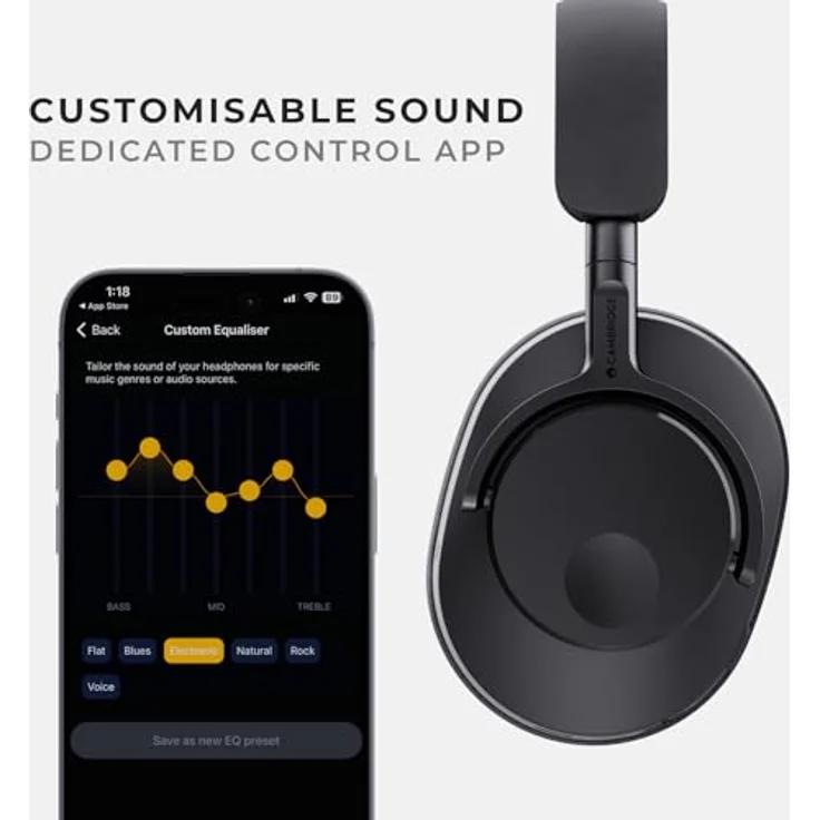 Cambridge Audio Melomania P100 Kopfhörer – Bluetooth, aktive Geräuschunterdrückung mit Hi-Fi-Sound, 100 Stunden Wiedergabe mit vom Benutzer austauschbarem Akku, Gaming-Modus und Tragetasche – Schwarz – Bild 5