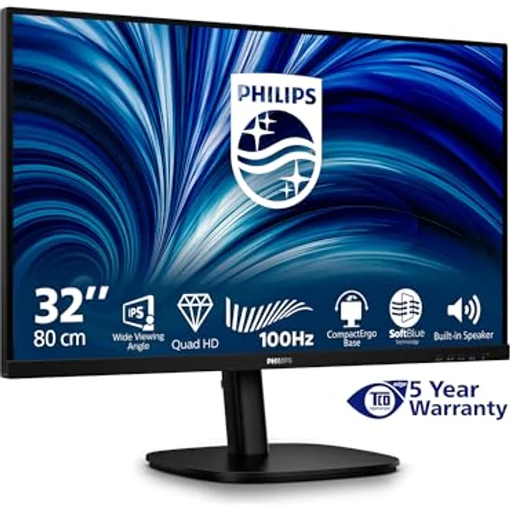 Philips 32B2N3500, 31,5 Zoll WQHD Monitor mit 100Hz, IPS Panel, 4ms GtG, Höhenverstellung, Lautsprechern und Adaptive Sync, Schwarz