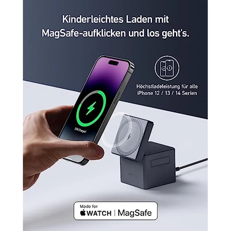 Anker 3-in-1 Cube mit MagSafe, 15W kabellose Höchstladeleistung, Kompatibel mit iPhone 14/13 / 12 Serien, Apple Watch Serie 1-7 / SE, und AirPods Pro / 3/2 (Inklusive 30W Netzteil) – Bild 2