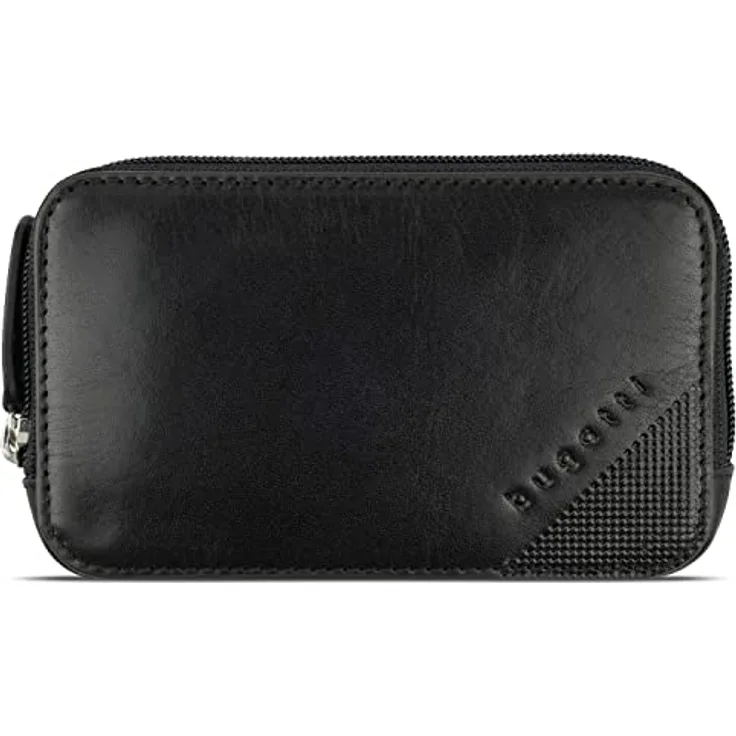 bugatti Nobile Schlüsseltasche, schwarzes Leder mit Zipper und zwei Schlüsselringen