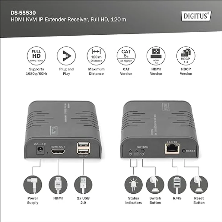 DIGITUS HDMI KVM IP Extender Receiver - FullHD 1080p/60Hz - HDMI 1.3 HDCP 1.4 - Plug & Play - zusätzliche Einheit für DS-55529 – Bild 2