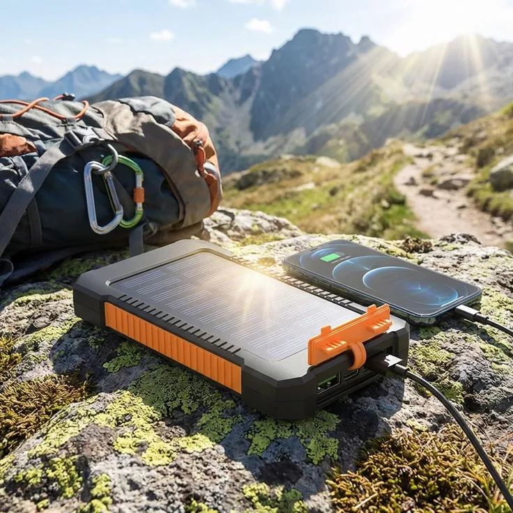 ideoon Solar-Powerbank 8.000 mAh IP65, robuste Outdoor-Ladestation mit 2x USB-A und LED-Taschenlampe