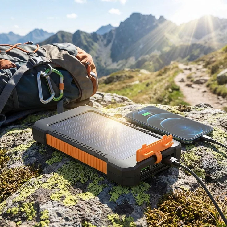 ideoon Solar-Powerbank 8.000 mAh IP65, robuste Outdoor-Ladestation mit 2x USB-A und LED-Taschenlampe