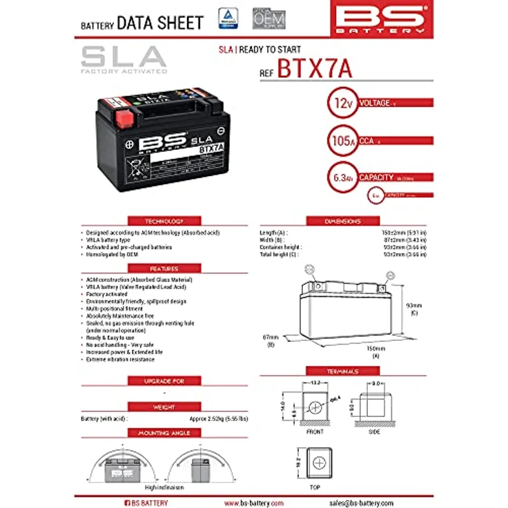 BS Battery BTX7A, wartungsfreie AGM-Batterie, sofort einsatzbereit, 12V, 6Ah, 90 CCA, auslaufsicher, hohe Vibrationsfestigkeit – Bild 2