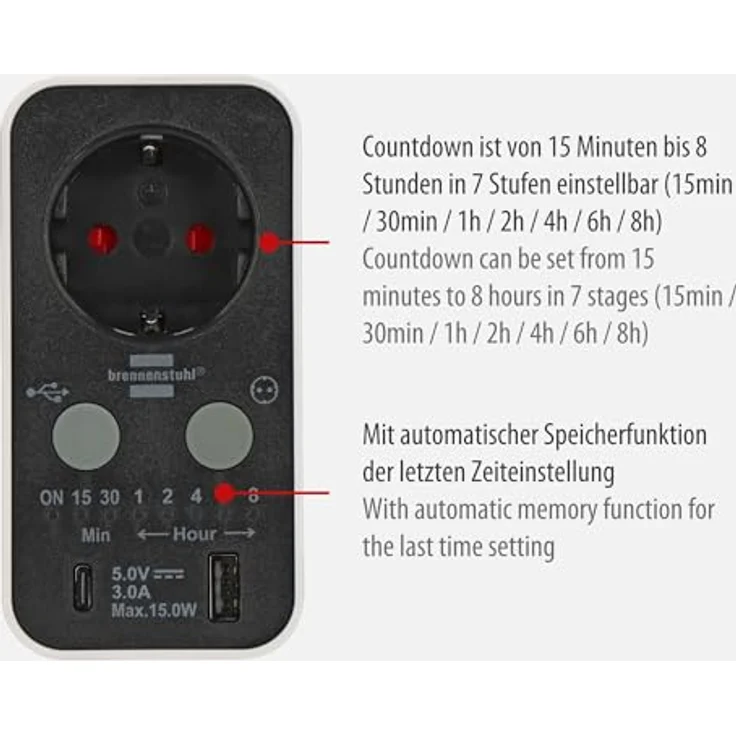 Brennenstuhl Digitaler Countdown Timer mit USB A und USB C, Steckdosenleiste mit Countdown-Funktion und USB Anschlüssen – Bild 3