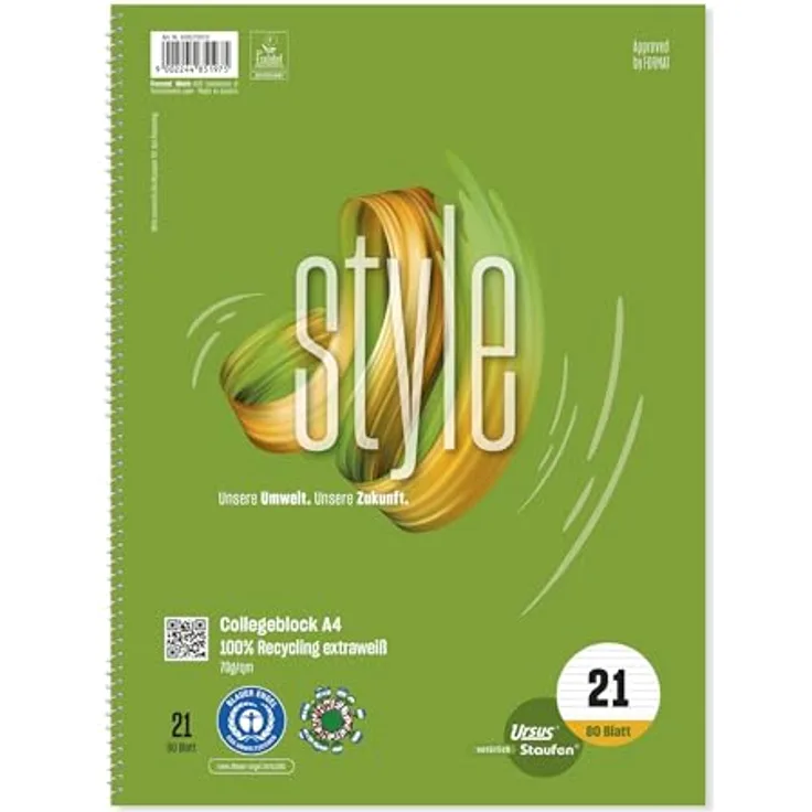 Staufen Notizblock 'green', karierter Block mit Kopfspirale aus 100% Recyclingpapier, DIN A4, 70 g/m²