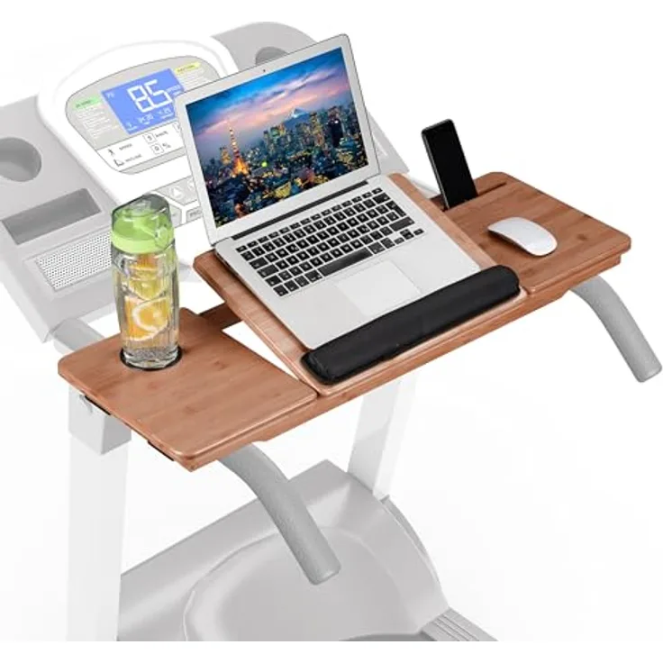 Relaxdays Laufband Schreibtischaufsatz, Laptopständer aus versiegeltem Bambus mit 7 Winkeln, Handy- & Getränkehalter, Natur