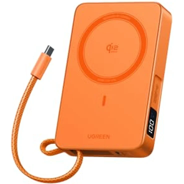 UGREEN MagFlow Magnetische Powerbank 10000mAh 25W, Qi2 Magsafe mit USB-C und integriertem Kabel, LED-Bildschirm, für iPhone 16-17 Serie, Orange – Bild 1