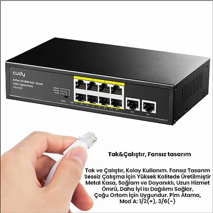 Cudy FS1010P 8 + 2 Port 100 Mbit/s PoE + Nicht verwalteter Plug-and-Play Switch, 120 W, 8 * 10/100 Mbit/s PoE + -Ports, CCTV/VLAN-Modus, 802.3af / 802.3at – Bild 3