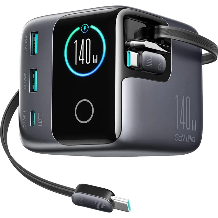 JoyRoom Podix JR-TRD01, Ladestation GaN mit 140W, 3x USB-C PD 3.1, 2x USB-A QC 3.0 und LCD-Display, Grau