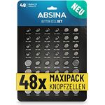 ABSINA 48er Pack Alkaline & Lithium Knopfzellen - 4X AG1 / 4X AG3 / 8X AG4 / 8X AG10 / 8X AG13 / 4X CR2016 / 4X CR2025 / 8X CR2032-1,5V & 3V Knopfzelle Sortiment auslaufsicher - Knopfbatterien