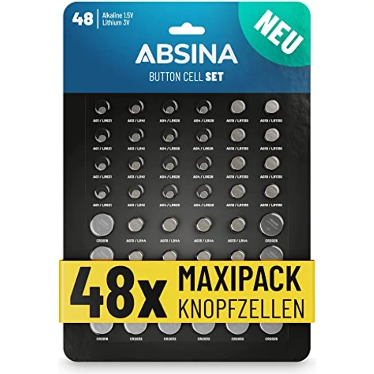 ABSINA 48er Pack Alkaline & Lithium Knopfzellen - 4X AG1 / 4X AG3 / 8X AG4 / 8X AG10 / 8X AG13 / 4X CR2016 / 4X CR2025 / 8X CR2032-1,5V & 3V Knopfzelle Sortiment auslaufsicher - Knopfbatterien