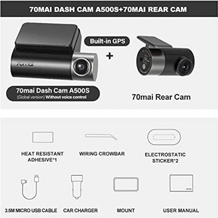 70mai Dash Cam Pro Plus + Rear Cam+ GPS Set 2.7K UltraHD-GPS ADAS G-Sensor Aufnahme Auto-Dashcam-Kamera WiFi FOV DVR Sprachsteuerung Parkmonitor Nachtsicht-Auto-Recorder Schleifenaufnahme WDR – Bild 2