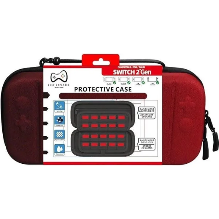 Deep Explorer Deep Explorer Protective Case - Dark Red/Red - Harte EVA-Tragetasche, wasserdicht, für Nintendo Switch 2, mit Platz für 20 Spielkarten