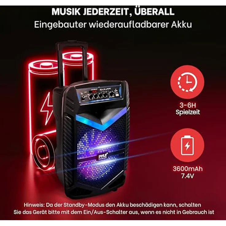 Pyle PA Bluetooth Lautsprecher-Karaoke Maschine, 600W, 10” Subwoofer, Karaoke Mikrofon, Bluetooth, Partybeleuchtung, Aufnahmefunktion, tragbar – Bild 5