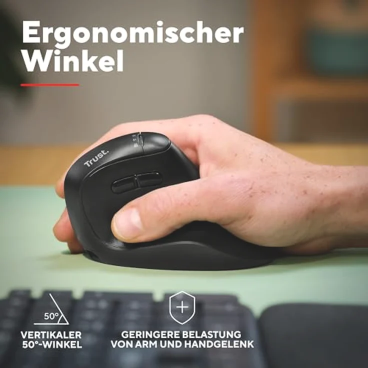 Trust Vyran, Kabellose Ergonomische Maus mit Ultraschnellem Scrollrad, Bluetooth + 2.4GHz, Leise Tasten, 85% Recyclingkunststoff, Schwarz – Bild 3