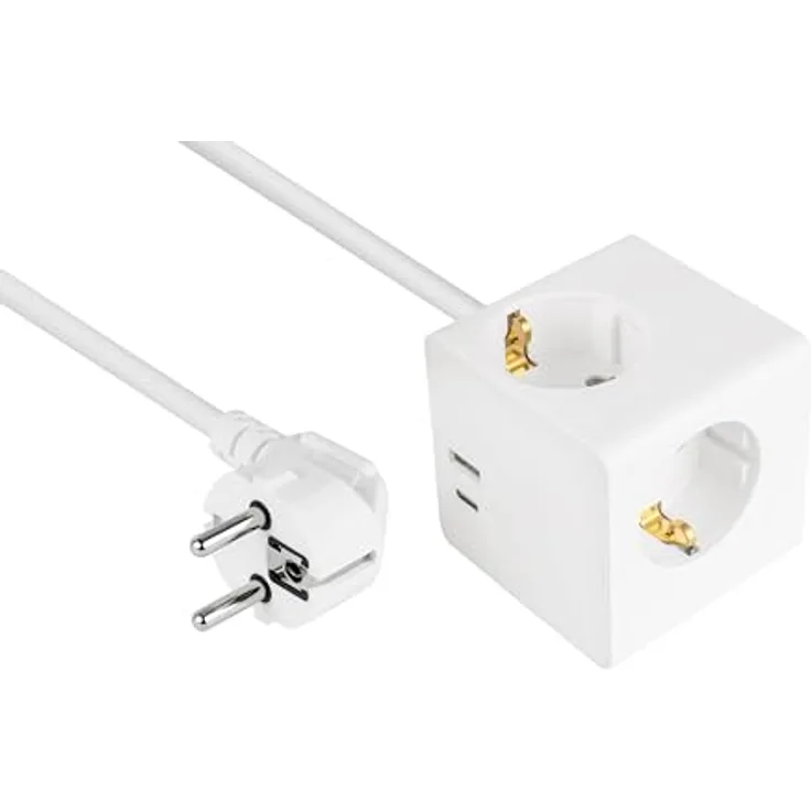 Kabelmeister Steckdosenverteiler, kompakter Steckdosen-Würfel mit 5 m Kabel, 3 Steckdosen und 2 USB-Ports (USB-C™ 20W, USB-A 18W), weiß