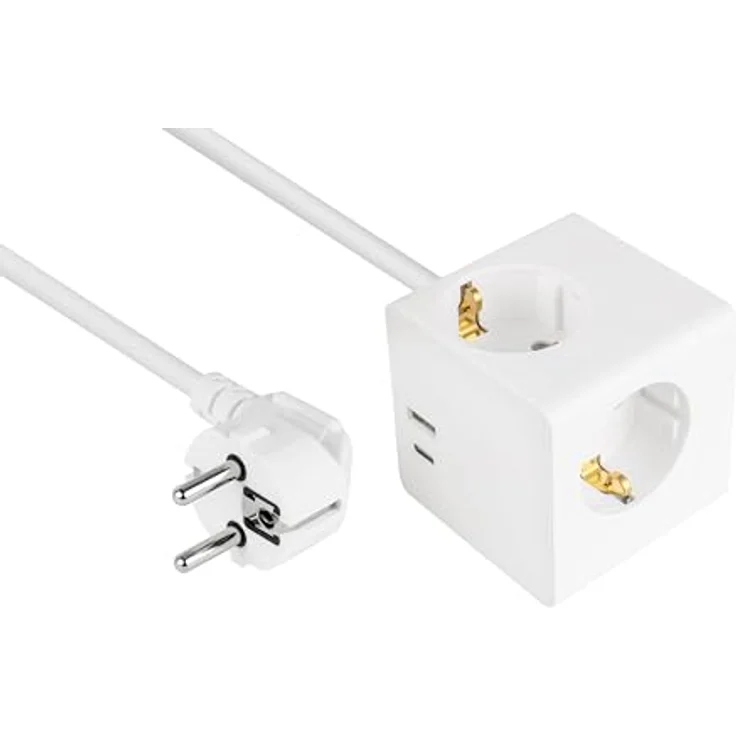 Kabelmeister Steckdosenverteiler, kompakter Steckdosen-Würfel mit 5 m Kabel, 3 Steckdosen und 2 USB-Ports (USB-C™ 20W, USB-A 18W), weiß – Bild 1