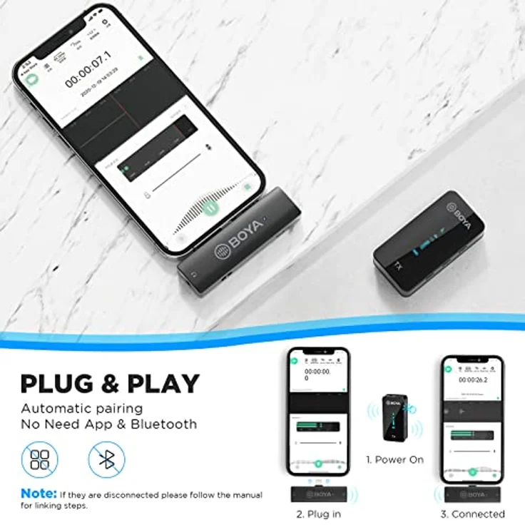 Boya BY-XM6 S3 Wireless Lavalier Microphone for iPhone iPad, Stable Signal Transmission, 6-Level Gain Adjustment, Real-Time Monitoring - Black – Bild 2