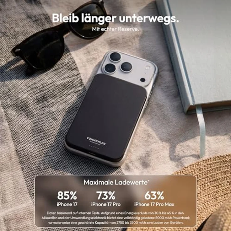 VONMÄHLEN Evergreen Mag, magnetische Powerbank 5.000 mAh, QI2-zertifiziert, schwarz, recycelte Materialien, ultra-schlank – Bild 10