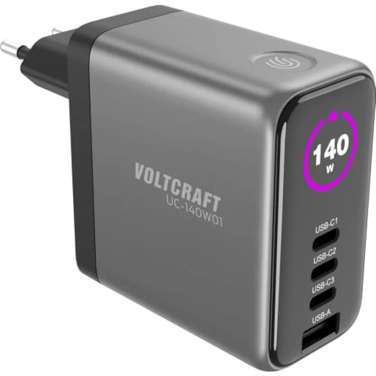 Voltcraft UC-140W01, USB Ladegerät mit 1x USB-A und 3x USB-C, 140 W, Schwarz, GaN, Schnellladegerät mit USB Power Delivery – Bild 1