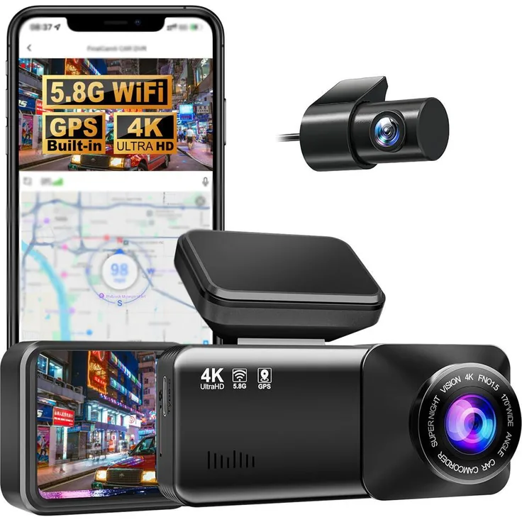 Exlene 4K Dashcam mit Front 4K + Rückseite 1K, GPS, Nachtsicht, 5G-WLAN und 64-GB-Karte