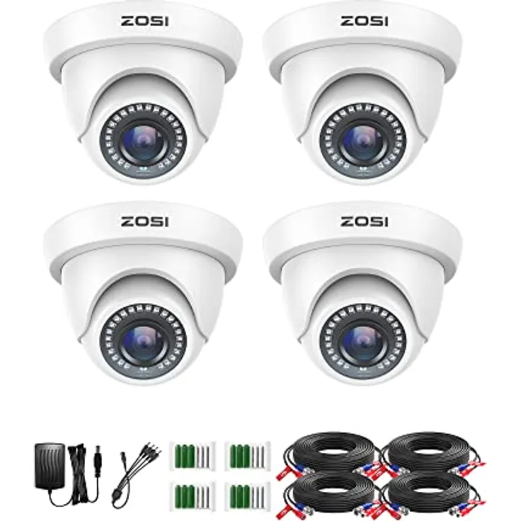 ZOSI 4Stk. 1080P TVI Dome Überwachungskamera mit 18.3m Video Kabel und Netzteil, 24M IR Nachtsicht, IP66 witterungsbeständig