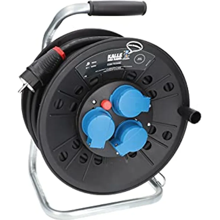 KALLE DAS KABEL Kabeltrommel Classic mit 3 Schukosteckdosen H07RN-F 3G 1,5mm² 40 Meter, schwarz - IP44 für Außenbereich und Baustellen