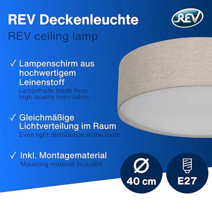 REV Deckenleuchte - Deckenlampe rund 40cm mit Stoff-Lampenschirm im Vintage-Look, taupe - ideal für Schlafzimmer & Wohnzimmer – Bild 2