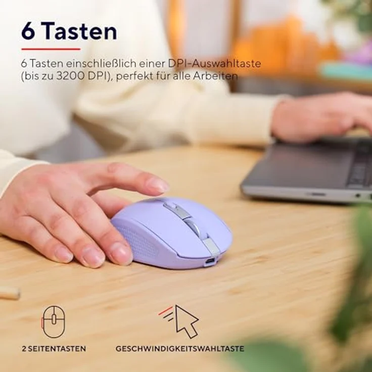Trust Ozaa Leise Kabellose Maus Bluetooth + 2.4GHz, Kompakte Mehrgeräte Funkmaus, 60% Recyclingkunststoff, Wiederaufladbare Bluetooth Maus Laptop PC Computer Windows Android Mac - Purpur – Bild 5