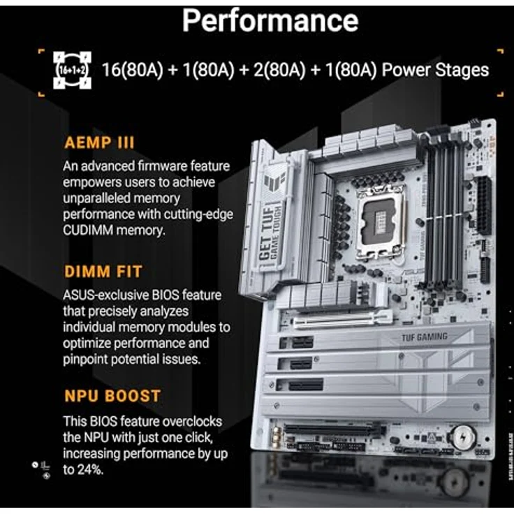 ASUS TUF Gaming Z890-PRO WiFi Mainboard Sockel Intel LGA 1851 (ATX, PCIe 5.0, DDR5, DisplayPort, HDMI, 2X Thunderbolt 4, 4X M.2, WiFi 7, Q-Release, Aura Sync) - Fortschrittliches KI-Mainboard für Intel Core Ultra Prozessoren (Serie 2) – Bild 3