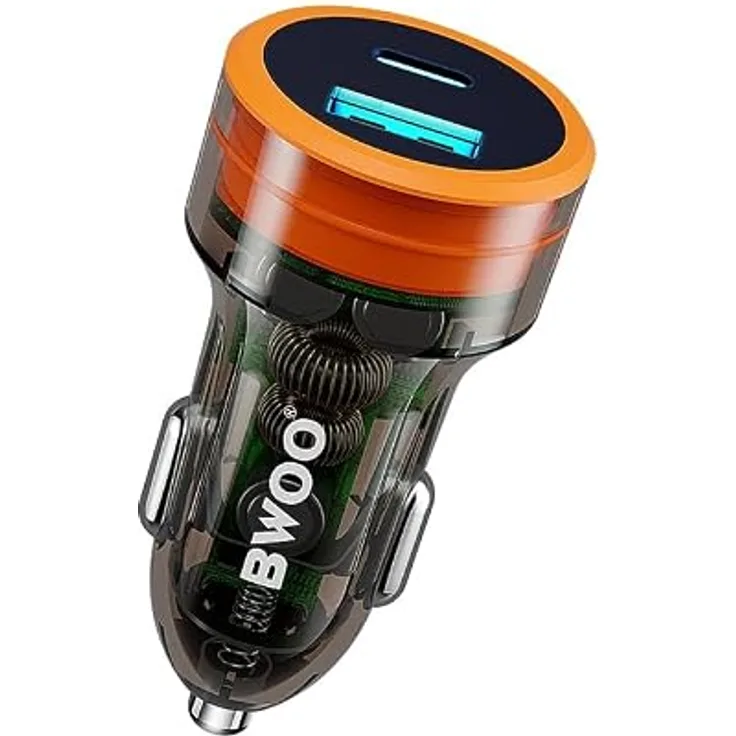 Bwoo 38W Auto Ladegerät, USB-C + USB-A mit Schnellladung und transparentem Design, kompakt