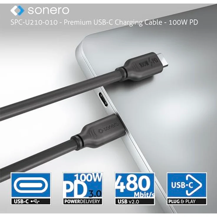 Sonero USB-C Ladekabel, Handy-Ladekabel, Schnellladekabel, Kabel Typ C, USB 2.0, 100W PD, schwarz, 3,00m – Bild 5