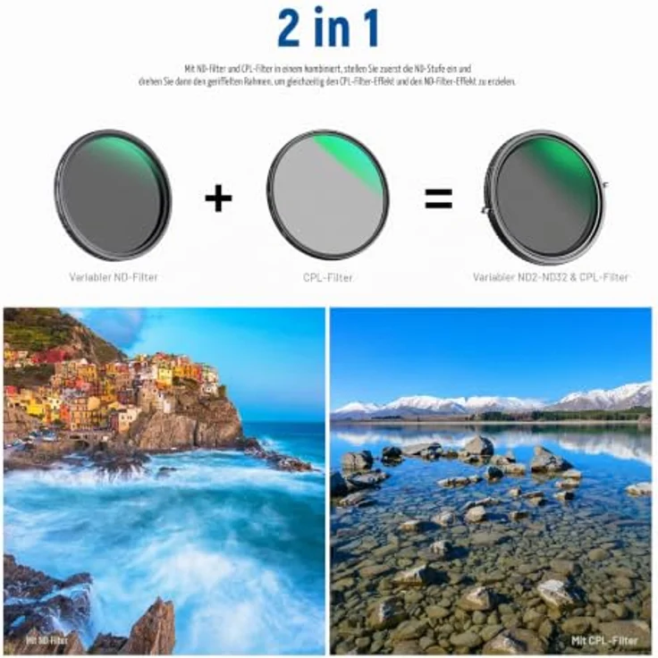 NEEWER 2-in-1 52 mm Variabler ND-Filter ND2–ND32 & CPL-Filter, HD-Glas mit 30-lagiger Nano-Beschichtung, ultradünner Aluminiumrahmen – Bild 2