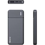 Denver PBS-5007 Powerbank mit 5000 mAh Lithium-Polymer-Akku, Anschlüsse: MicroUSB, USB-C und USB-A.
