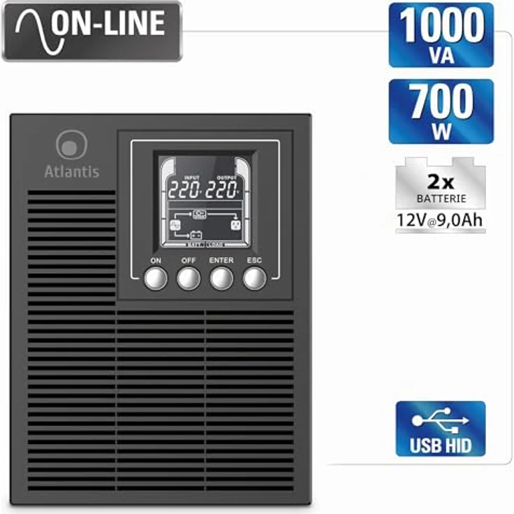 Atlantis Land USV A03-OP1002XLN, 1000VA/700W Unterbrechungsfreier Stromversorger mit reiner Sinuswelle, Metallgehäuse und LCD-Display – Bild 2