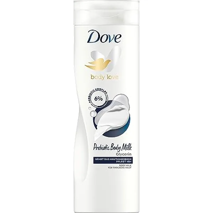 Dove Body Love Prebiotic Body Milk für trockene Haut, 48 Stunden Körperpflege mit Glycerin, 400 ml