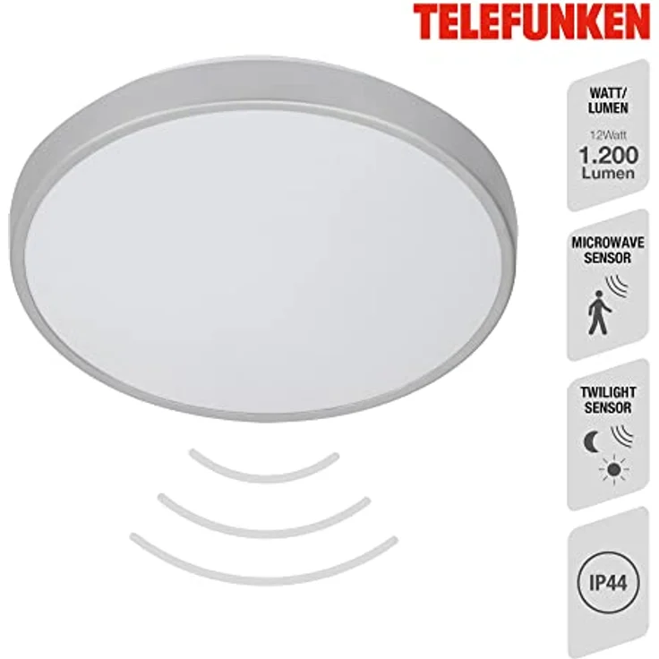 TELEFUNKEN - Led Deckenlampe Mit Bewegungsmelder Innen, 8M Reichweite, Neutralweiß, Timer, 29 Cm, 12 W, 1200 Lm, Silberfarbig – Bild 2