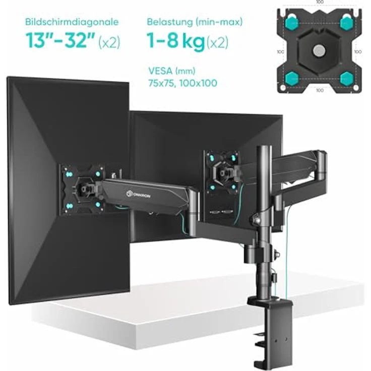 ONKRON G140-B Monitor-Halterung für 2 Monitore 13-32 Zoll, neigbar, schwenkbar, drehbar, Gasdruckfeder, VESA 75x75-100x100, Kabelmanagement, bis 8 kg pro Arm – Bild 6