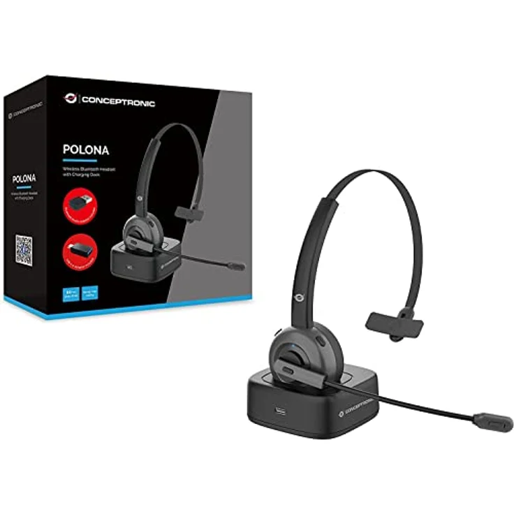 Conceptronic POLONA03BDA Kabelloses Bluetooth-Headset mit Ladedoc & Bluetooth USB Audio Adapter, Schwarz – Bild 5