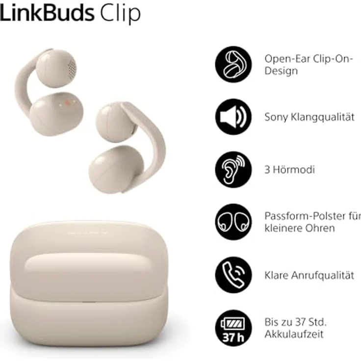 Sony LinkBuds Clip, Kabellose Kopfhörer mit 9 h Akkulaufzeit, beige, Knochenleitung und KI-Rauschunterdrückung – Bild 3
