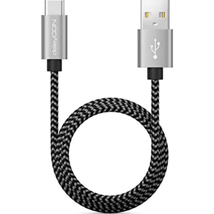 deleyCON 1m Nylon USB-C Kabel Ladekabel Datenkabel USB Typ C Metallstecker Schwarz - Laden & Synchronisieren von Handy & Smartphone – Bild 3