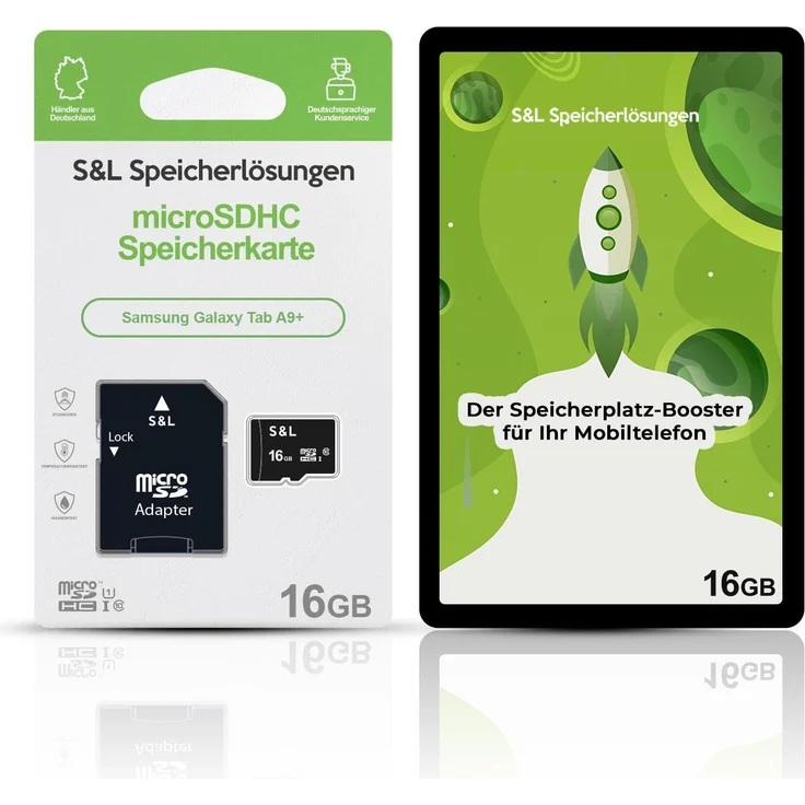 S&L microSD Speicherkarte 16 GB für Samsung Galaxy Tab A9+, Class 10 U1, stoßsicher und wasserdicht