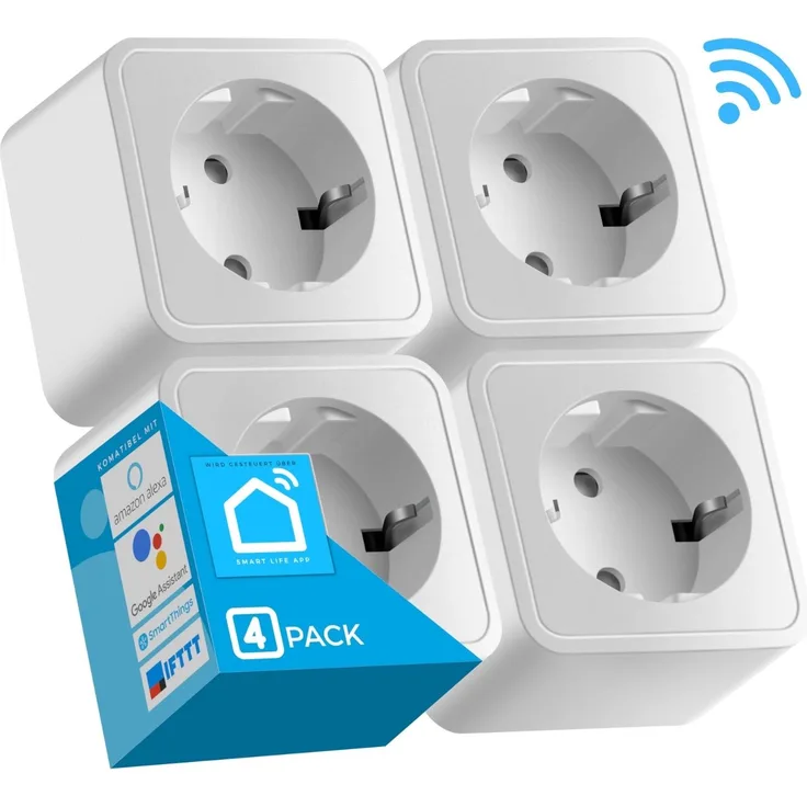 Echos Eco-4060, Smarte WLAN-Steckdose 4er Pack mit 16A Ausgangsleistung, Smart Life APP Kompatibel, Sprachsteuerung via Alexa & Google Home
