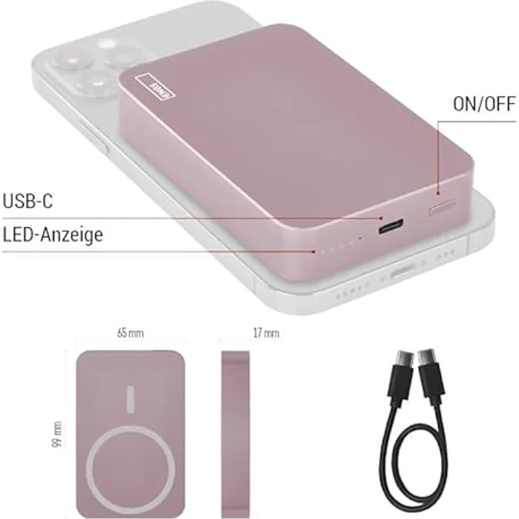 EMOS Powerbank 10 000 mAh WI 1046 mit Magnet - Passthrough, Wireless-Charging - USB-C-Ausgang, rosa – Bild 3